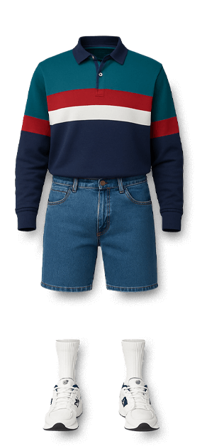 a pair of jorts, an izod shirt, and white sneakers